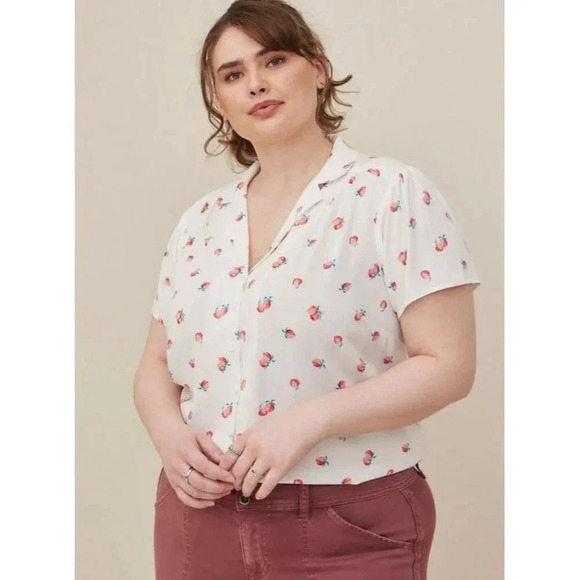 Torrid White Peach Printed Rayon Short Sleeve Button Down 1 - Picture 1 of 6